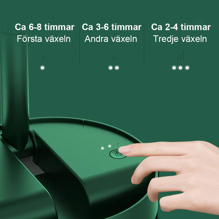 "Bärbar mini teleskopisk fläkt i skogsgrön färg, USB-laddning, kompakt design, perfekt för resor och inomhusbruk."