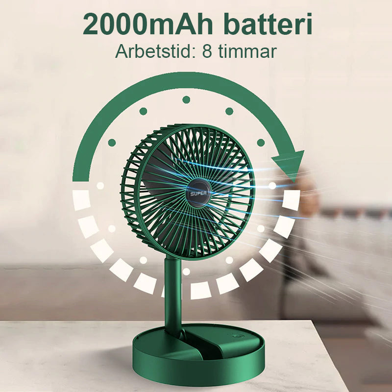 "Bärbar mini teleskopisk fläkt i skogsgrön färg, USB-laddning, kompakt design, perfekt för resor och inomhusbruk."
