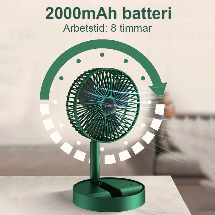 "Bärbar mini teleskopisk fläkt i skogsgrön färg, USB-laddning, kompakt design, perfekt för resor och inomhusbruk."