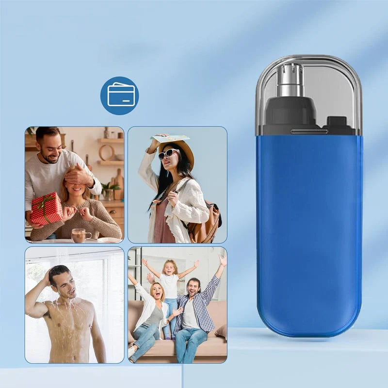 "Bärbar näshårstrimmer i stilren design, kompakt och vattentät, perfekt för smärtfri trimning av näshår."