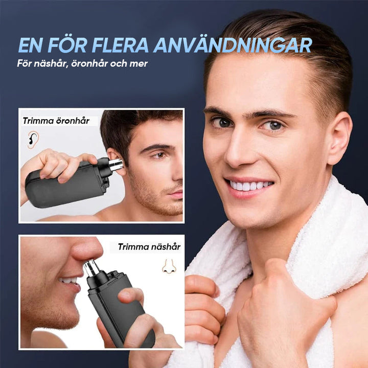 "Bärbar näshårstrimmer i stilren design, kompakt och vattentät, perfekt för smärtfri trimning av näshår."