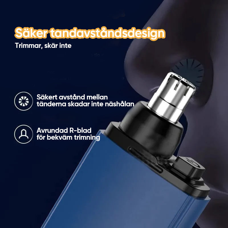 "Bärbar näshårstrimmer i stilren design, kompakt och vattentät, perfekt för smärtfri trimning av näshår."