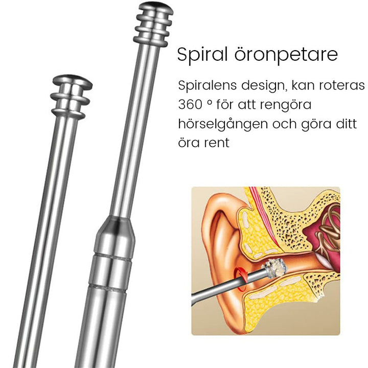 "Bärbar öronvax rengöringssats i rostfritt stål med eleganta verktyg och färgglada PU-väska, flera färger tillgängliga."