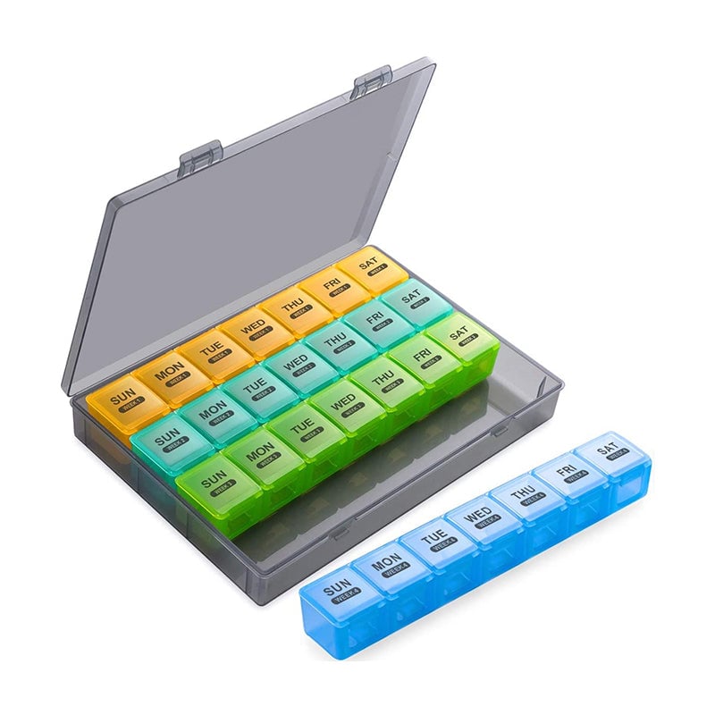 "Bärbar pillerorganisatör med 28 fack, stor kapacitet, genomskinligt material, smart organisering för resor och hemmabruk."
