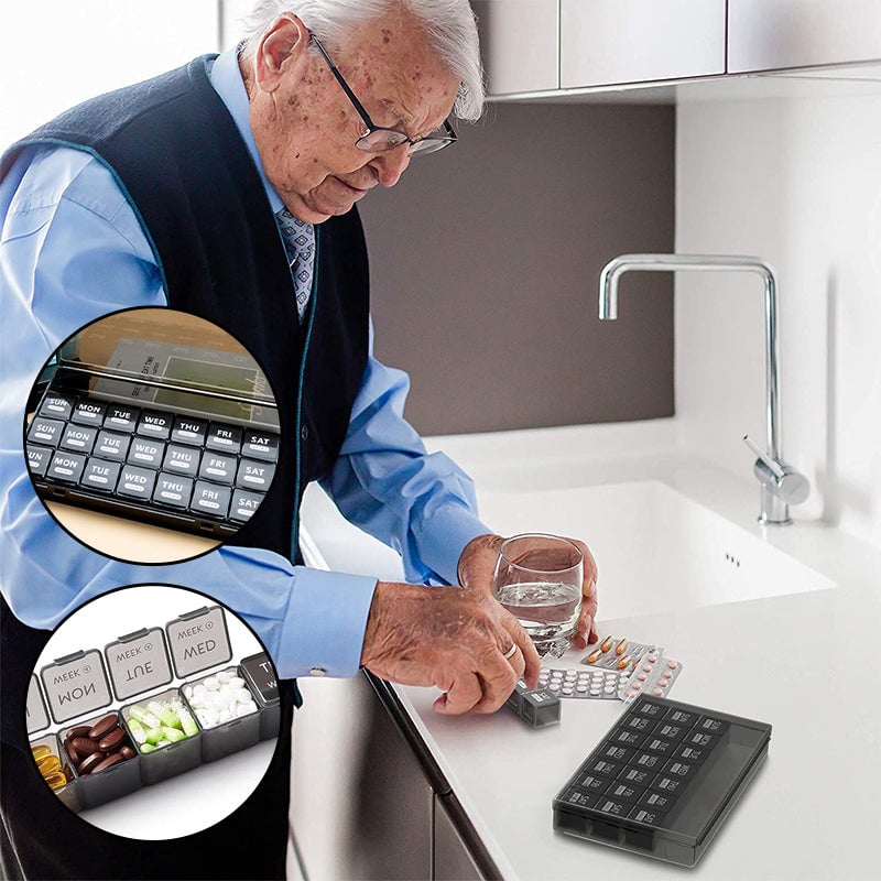 "Bärbar pillerorganisatör med 28 fack, stor kapacitet, genomskinligt material, smart organisering för resor och hemmabruk."