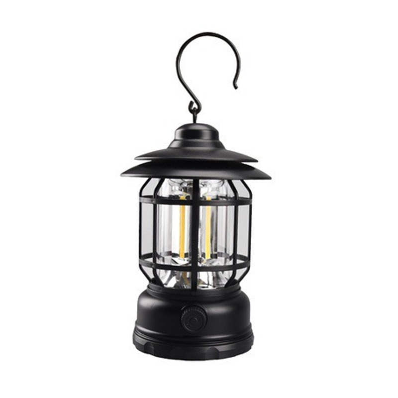 "Bärbar retro LED campinglampa, röd färg, med mjuk 360° belysning i stilren retro design för utomhusbruk."