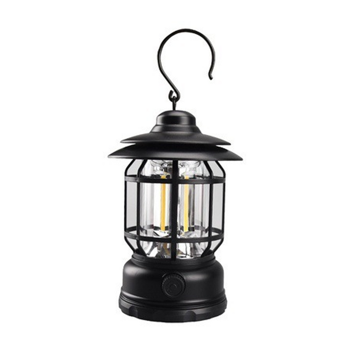 "Bärbar retro LED campinglampa, röd färg, med mjuk 360° belysning i stilren retro design för utomhusbruk."