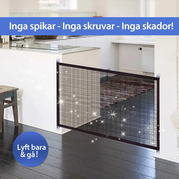 "Bärbar säkerhetsgrind för husdjur i nät, enkel montering. Perfekt vid dörrar och trappor inomhus och utomhus."