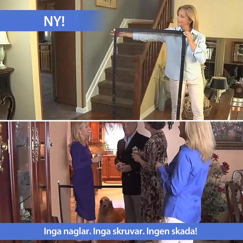 "Bärbar säkerhetsgrind för husdjur i nät, enkel montering. Perfekt vid dörrar och trappor inomhus och utomhus."