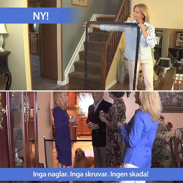 "Bärbar säkerhetsgrind för husdjur i nät, enkel montering. Perfekt vid dörrar och trappor inomhus och utomhus."