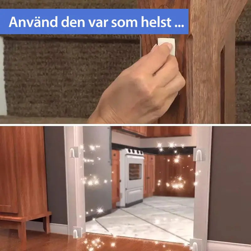 "Bärbar säkerhetsgrind för husdjur i nät, enkel montering. Perfekt vid dörrar och trappor inomhus och utomhus."