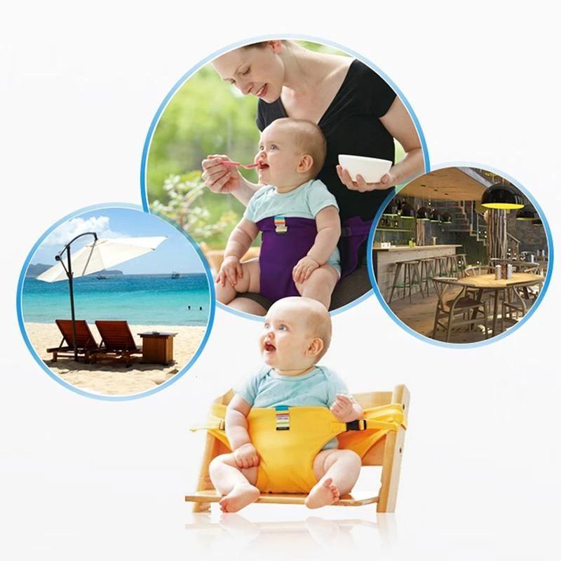 "Bärbar säkerhetssele för babymatstol, justerbara band, idealisk för resor, kompakt design, trygg och säker användning."