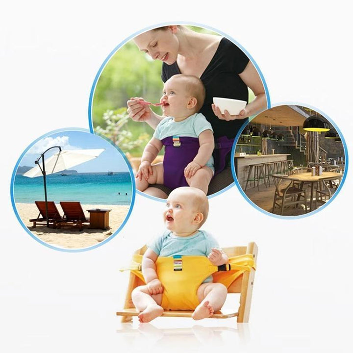 "Bärbar säkerhetssele för babymatstol, justerbara band, idealisk för resor, kompakt design, trygg och säker användning."