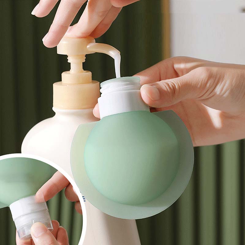 "Bärbar silikonflaska för resor med stor öppning, lätt att fylla. Perfekt accessoar för schampo och lotion på resan."