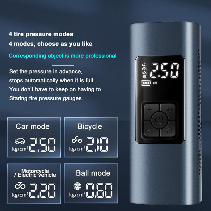 "Bärbar trådlös luftpump med LED-display, kompakt design, visar exakt däcktryck, multifunktionella munstycken."