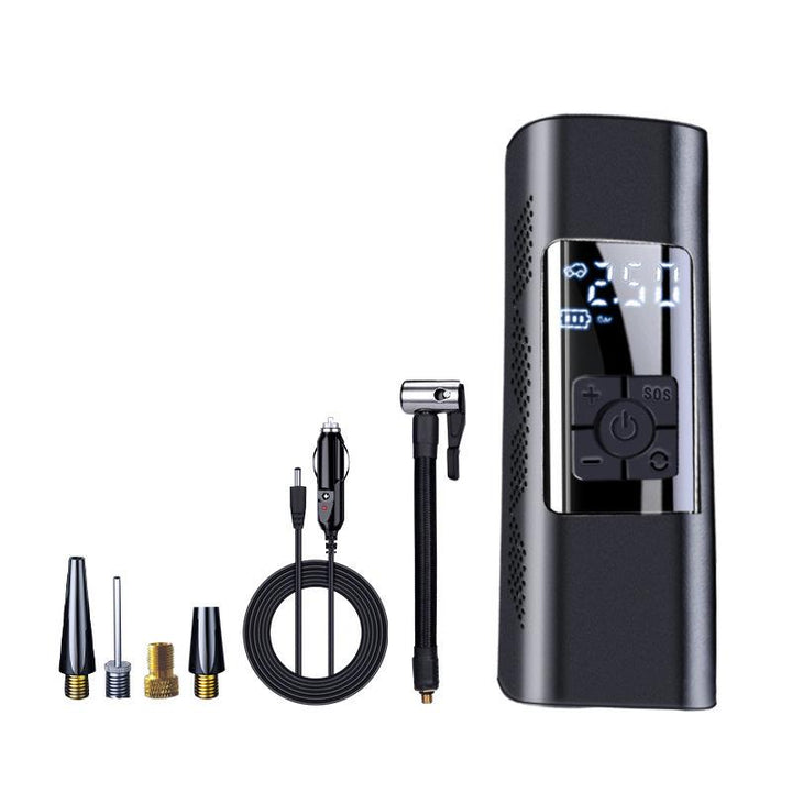 "Bärbar trådlös luftpump med LED-display, kompakt design, visar exakt däcktryck, multifunktionella munstycken."