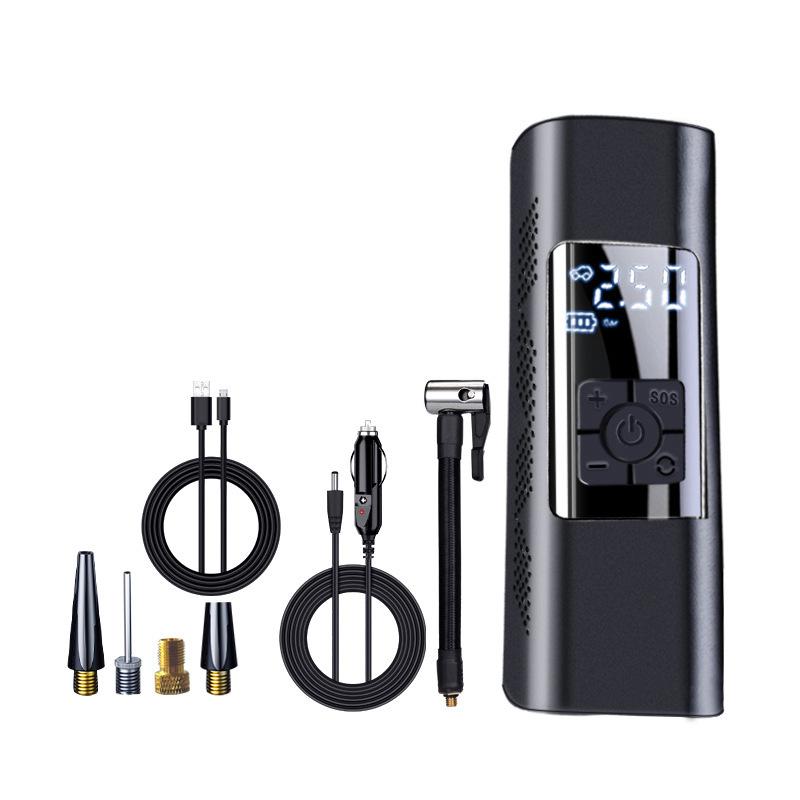 "Bärbar trådlös luftpump med LED-display, kompakt design, visar exakt däcktryck, multifunktionella munstycken."