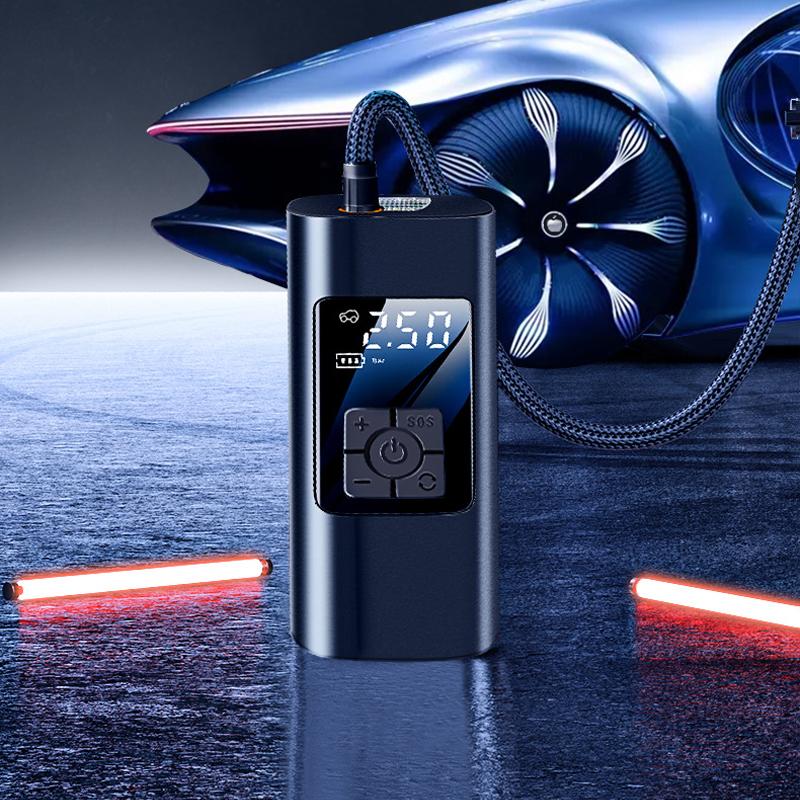 "Bärbar trådlös luftpump med LED-display, kompakt design, visar exakt däcktryck, multifunktionella munstycken."