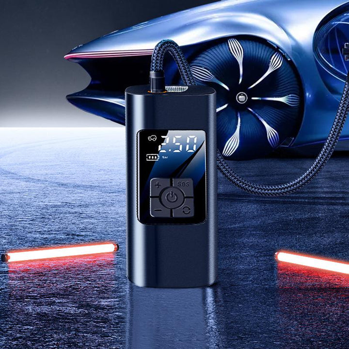 "Bärbar trådlös luftpump med LED-display, kompakt design, visar exakt däcktryck, multifunktionella munstycken."