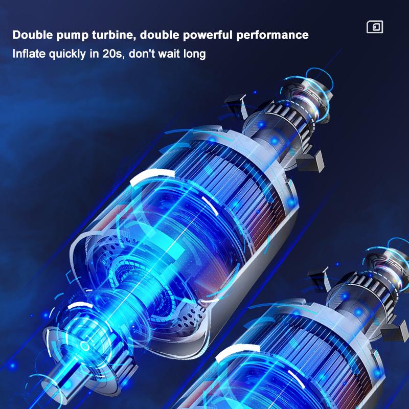 "Bärbar trådlös luftpump med LED-display, kompakt design, visar exakt däcktryck, multifunktionella munstycken."