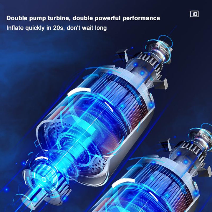 "Bärbar trådlös luftpump med LED-display, kompakt design, visar exakt däcktryck, multifunktionella munstycken."