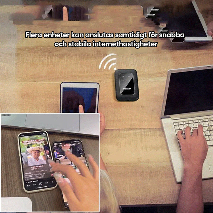 "Bärbar trådlös WiFi-router med 4G/5G-antenn, kompakt design, vit färg, 2100mAh batteri för lång användningstid."