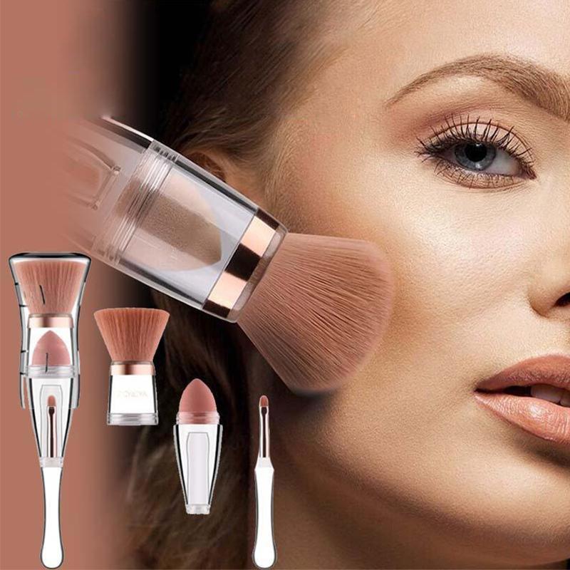 "Bärbar tre-i-ett sminkborstsats med mjuka borstar och stilrent handtag, perfekt för enkel och skonsam makeupapplikation."