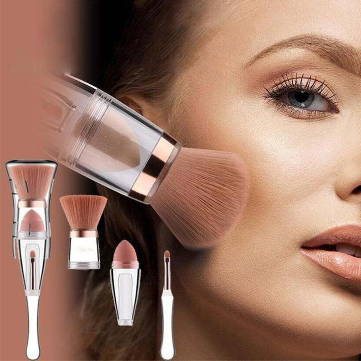 "Bärbar tre-i-ett sminkborstsats med mjuka borstar och stilrent handtag, perfekt för enkel och skonsam makeupapplikation."
