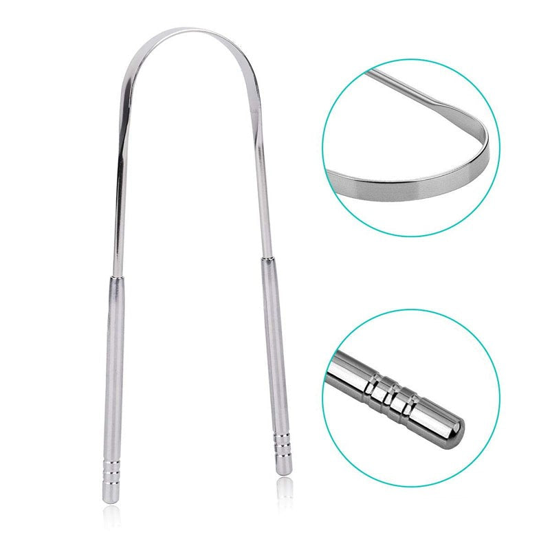 "Bärbar tungskrapa i rostfritt stål för munhygien, elegant design, effektiv, hållbar, lätt att använda."