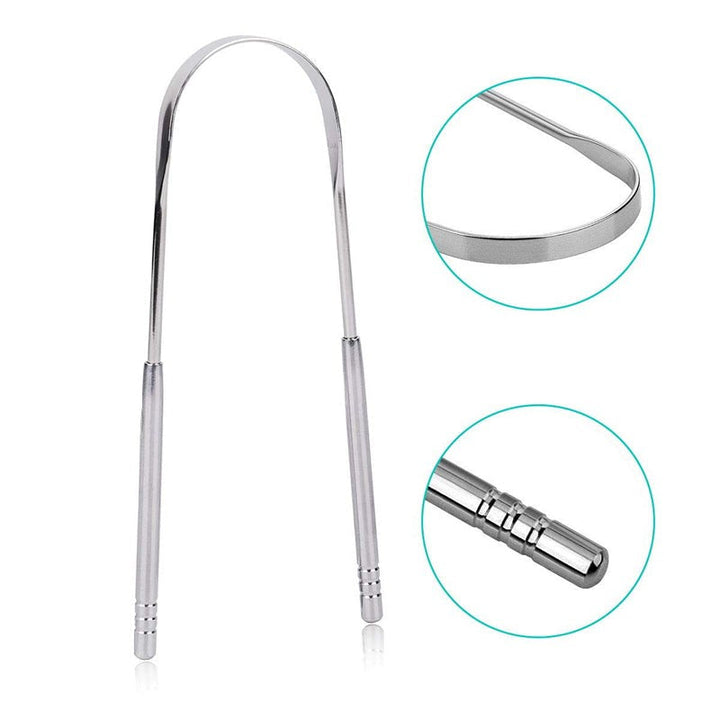 "Bärbar tungskrapa i rostfritt stål för munhygien, elegant design, effektiv, hållbar, lätt att använda."