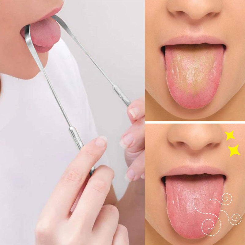 "Bärbar tungskrapa i rostfritt stål för munhygien, elegant design, effektiv, hållbar, lätt att använda."