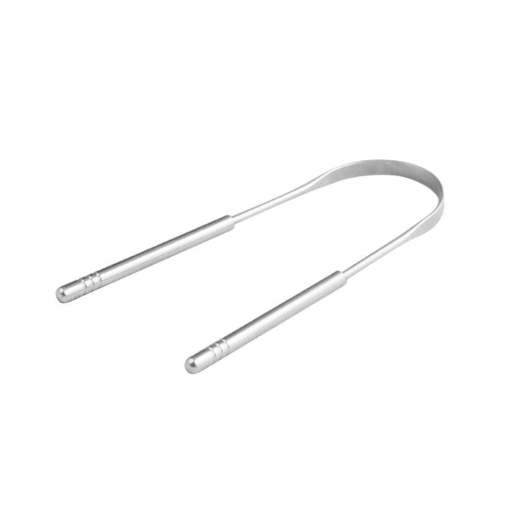 "Bärbar tungskrapa i rostfritt stål för munhygien, elegant design, effektiv, hållbar, lätt att använda."