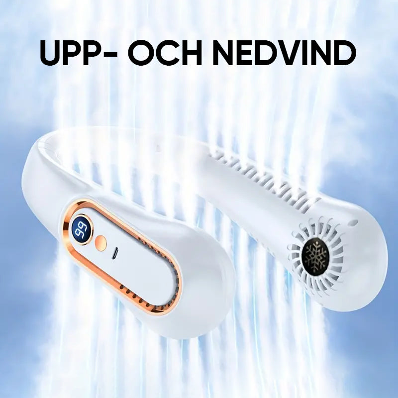 "Bärbar USB-återladdningsbar fläkt, vit, med headsetdesign, 5 hastigheter, perfekt för inomhus/utomhusbruk"
