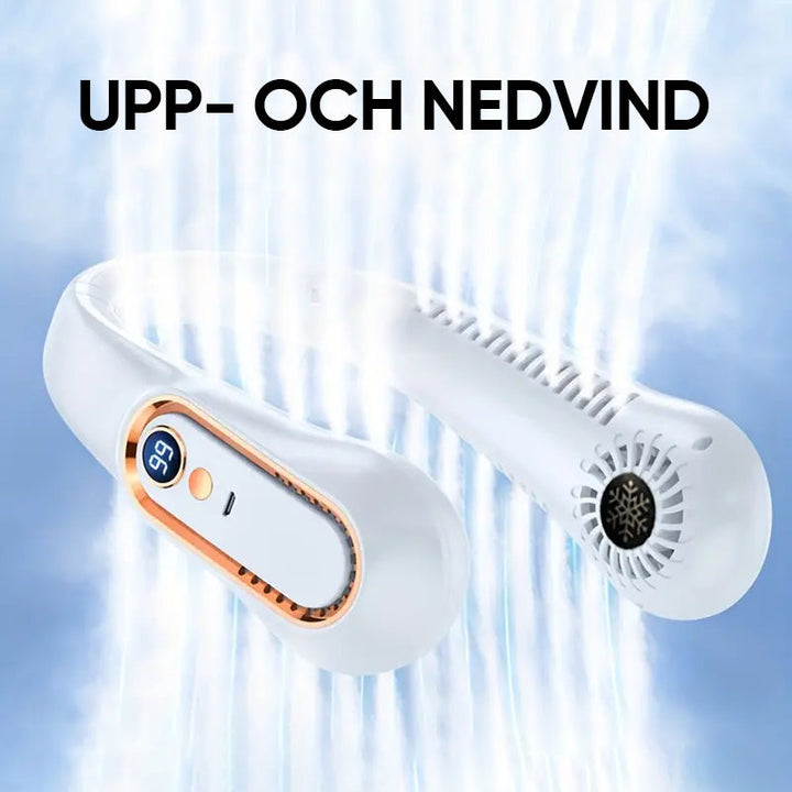 "Bärbar USB-återladdningsbar fläkt, vit, med headsetdesign, 5 hastigheter, perfekt för inomhus/utomhusbruk"