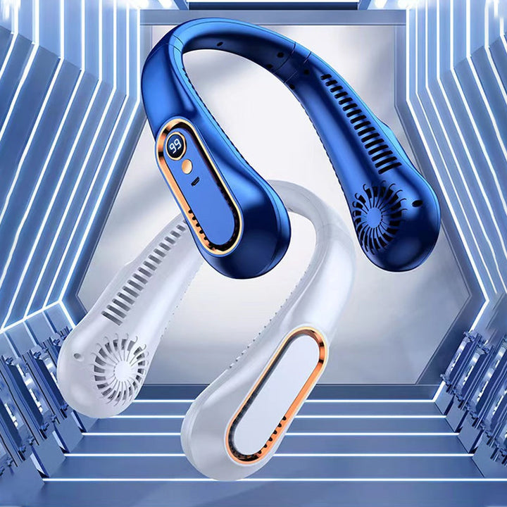 "Bärbar USB-återladdningsbar fläkt, vit, med headsetdesign, 5 hastigheter, perfekt för inomhus/utomhusbruk"