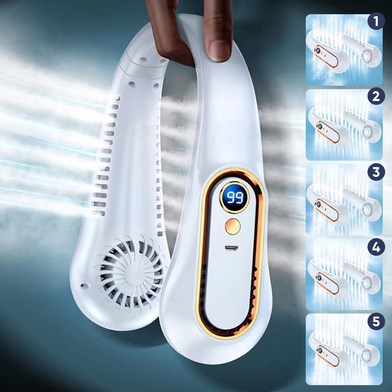"Bärbar USB-återladdningsbar fläkt, vit, med headsetdesign, 5 hastigheter, perfekt för inomhus/utomhusbruk"