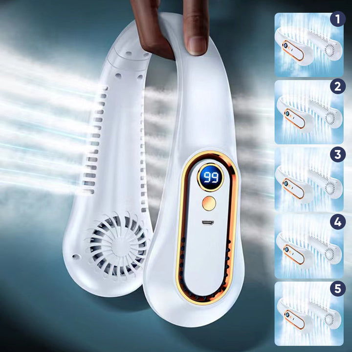 "Bärbar USB-återladdningsbar fläkt, vit, med headsetdesign, 5 hastigheter, perfekt för inomhus/utomhusbruk"