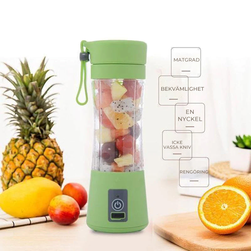 "Bärbar USB-juicepress i glas och plast, i rosa, blå, grön eller lila, 380 ml kapacitet, perfekt för färsk juice."