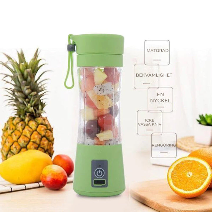 "Bärbar USB-juicepress i glas och plast, i rosa, blå, grön eller lila, 380 ml kapacitet, perfekt för färsk juice."