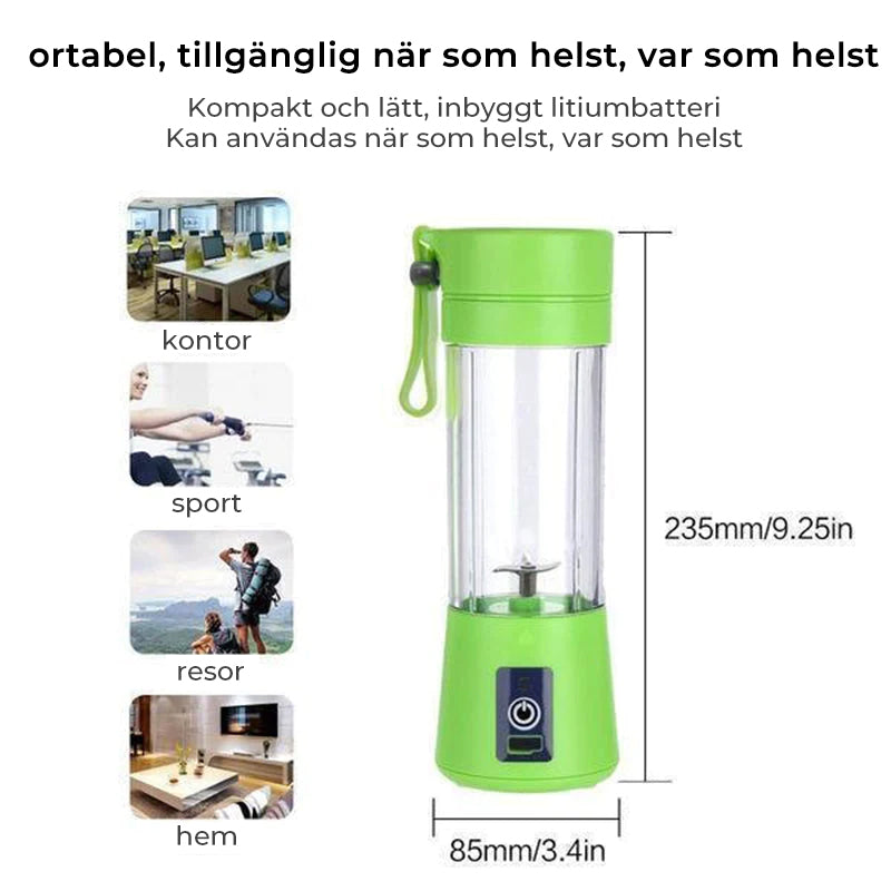 "Bärbar USB-juicepress i glas och plast, i rosa, blå, grön eller lila, 380 ml kapacitet, perfekt för färsk juice."