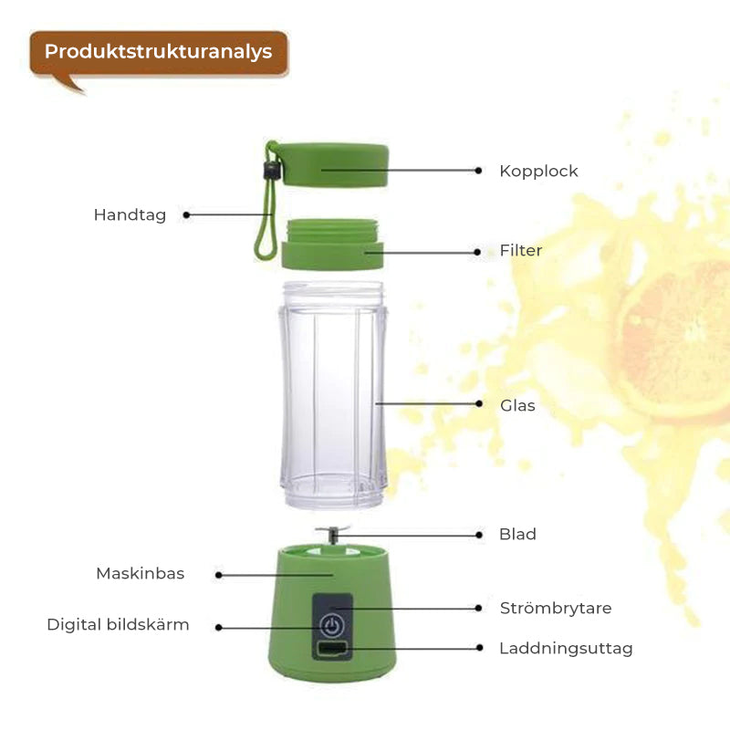 "Bärbar USB-juicepress i glas och plast, i rosa, blå, grön eller lila, 380 ml kapacitet, perfekt för färsk juice."