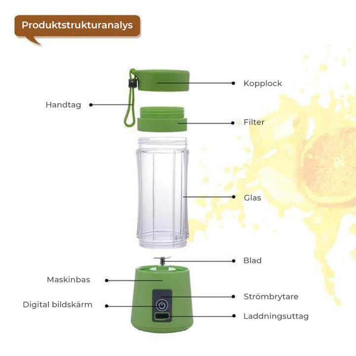 "Bärbar USB-juicepress i glas och plast, i rosa, blå, grön eller lila, 380 ml kapacitet, perfekt för färsk juice."