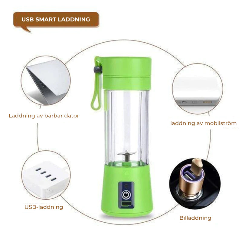 "Bärbar USB-juicepress i glas och plast, i rosa, blå, grön eller lila, 380 ml kapacitet, perfekt för färsk juice."
