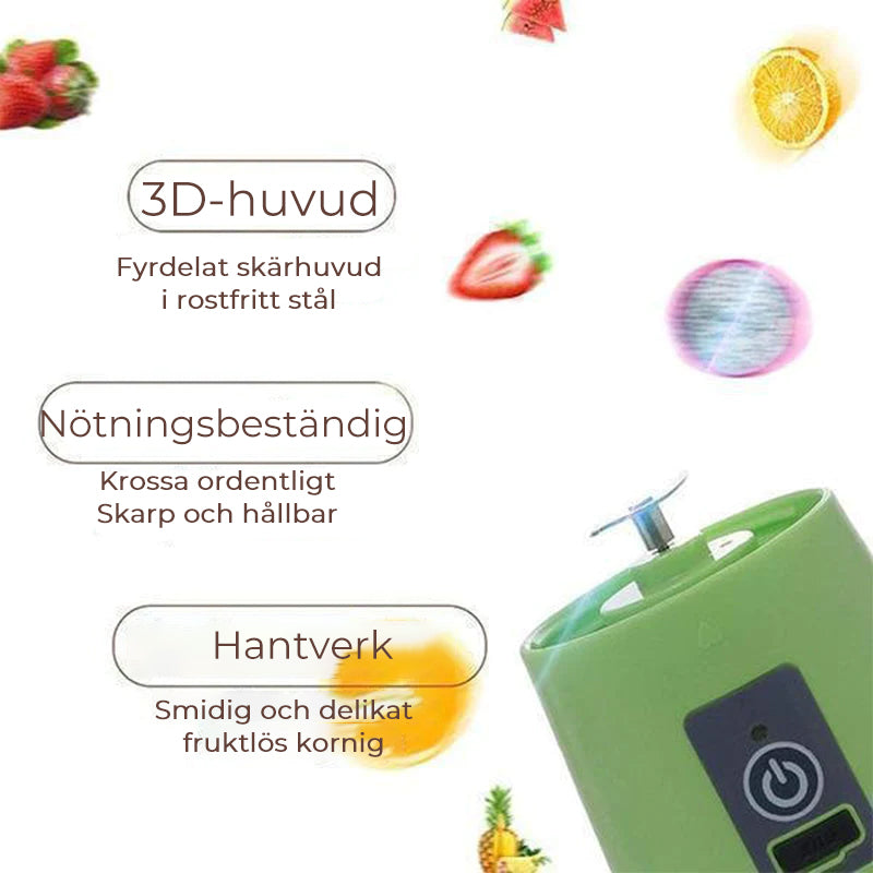 "Bärbar USB-juicepress i glas och plast, i rosa, blå, grön eller lila, 380 ml kapacitet, perfekt för färsk juice."