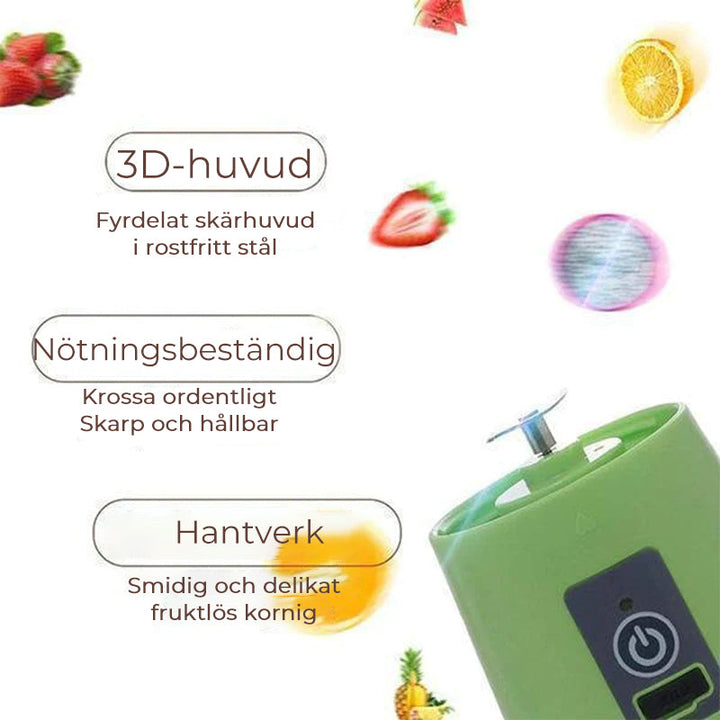 "Bärbar USB-juicepress i glas och plast, i rosa, blå, grön eller lila, 380 ml kapacitet, perfekt för färsk juice."