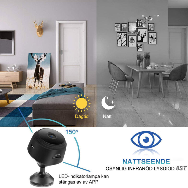 "Bärbar Wi-Fi övervakningskamera med bred vinkel, svartvit design, smart funktionalitet och appkontroll för hemmet."