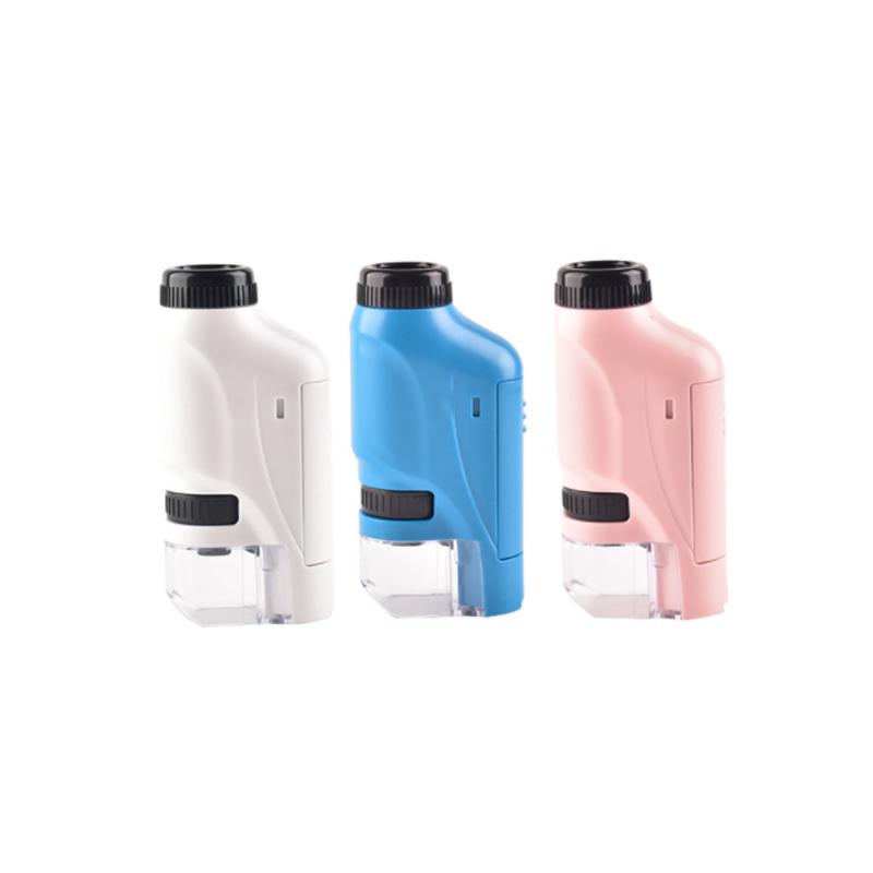 "Bärbart LED-ljusmikroskop för barn, kompakt design, 60x-120x förstoring, inbyggda LED-lampor, blå färg."