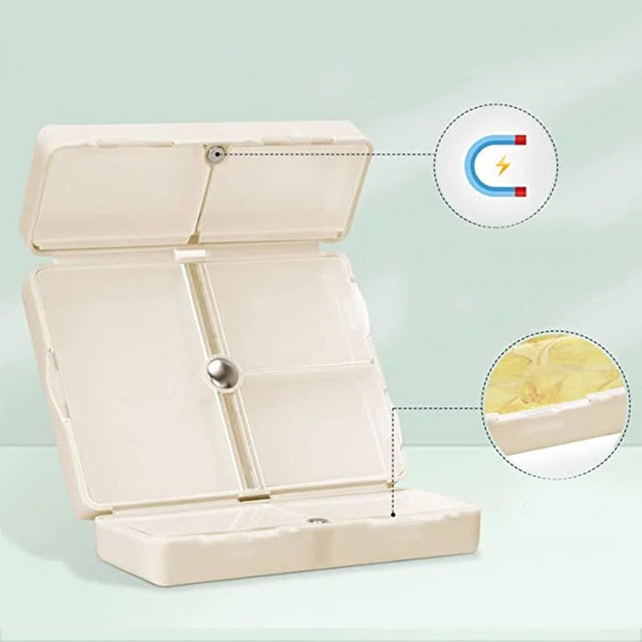 "Bärbart magnetiskt tablettfodral med 7 fack, kompakt design i beige, säker förvaring för piller och kosttillskott."