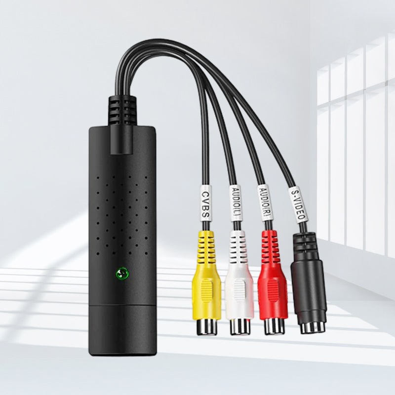 "Bärbart USB-video Capture-kort ansluts till PC/Mac via USB, kompakt design för att digitalisera analoga videor."