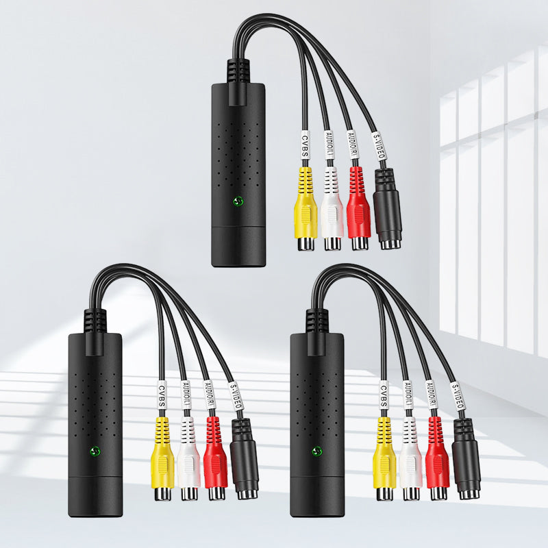 "Bärbart USB-video Capture-kort ansluts till PC/Mac via USB, kompakt design för att digitalisera analoga videor."